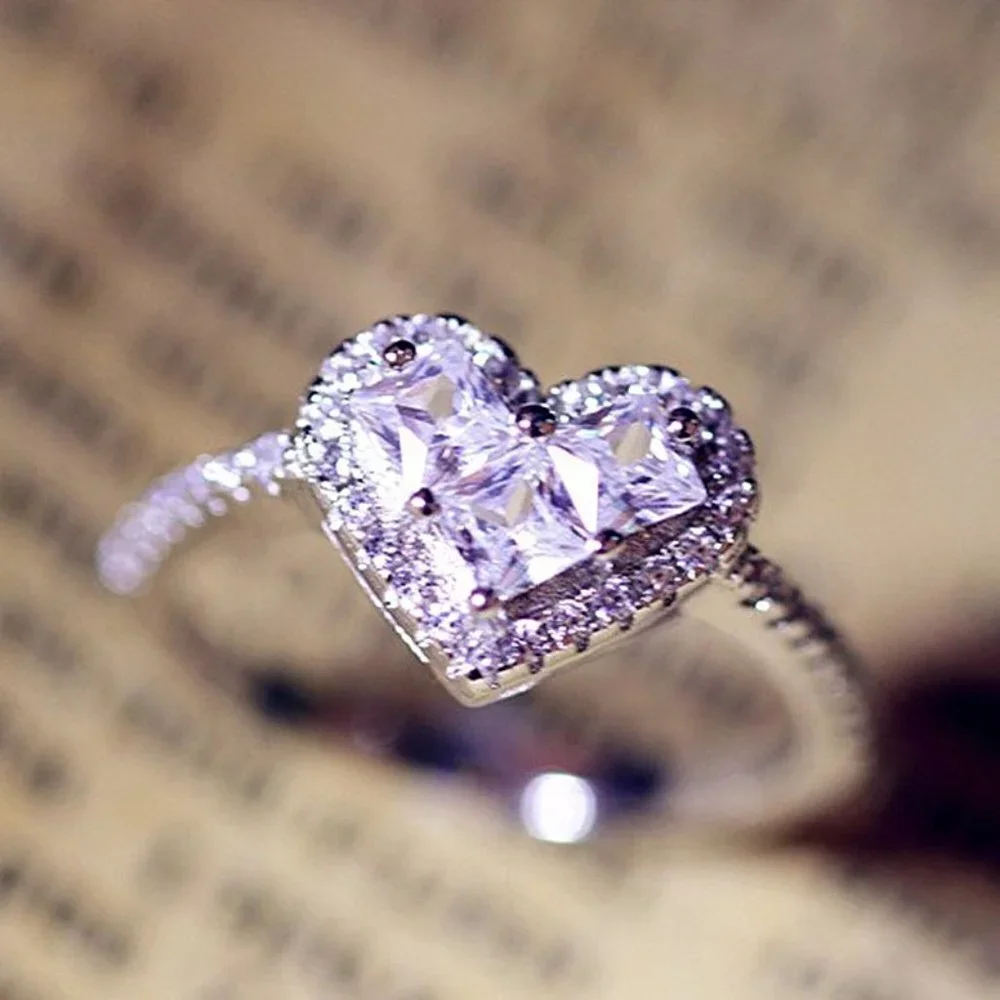 🔥 Shining 3A CZ Love Heart Shaped Bridal Rings for Women, HA4421-6